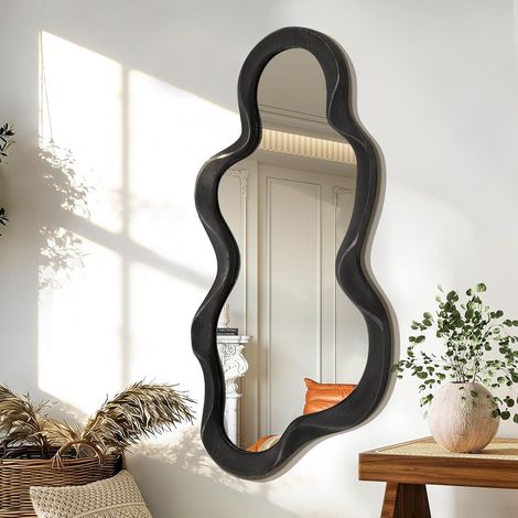 Miroir Mural asymétrique décoration Grand Cadre en Bois Moderne Miroir Mural Forme Unique vanité Murale Art Miroir à Vagues décoration Salon Chambre Salle de Bains entrée Nature (1/5)