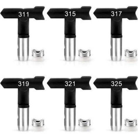 A set of 6 reversible high pressure airless paint nozzles suitable for home, garden and patio use (311, 315, 317, 319, 321, 325). (1/4)