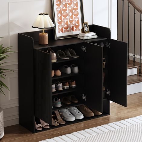 MEUBLIV Mobile portascarpe 110x35,5x110 cm nero con specchio integrale e vano aperto (1/5)