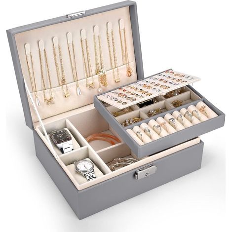 Boîte à bijoux pour femme, grand coffret à bijoux à 2 compartiments avec 2 supports pour montres, en cuir PU, pour boucles d'oreilles, bagues et colliers, gris (1/5)