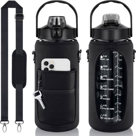 2-Liter-Trinkflasche mit Schutzhülle, Motivations-Trinkflasche mit Strohhalmmarker, auslaufsicher (1/4)