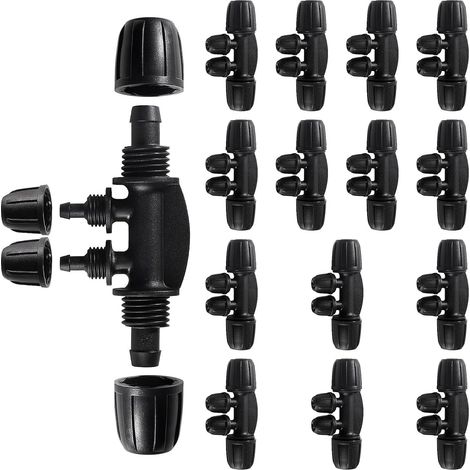 15 connettori a T con bloccaggio spinato, kit di raccordi per irrigazione a goccia da 8/12 mm a 4/7 mm, connettore femmina a 4 vie per sistema di irrigazione (1/5)