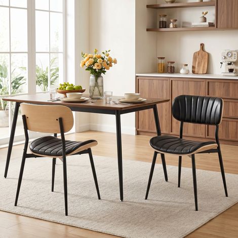 Lot de 2 Chaises de Cuisine, Sièges de Repas Sans Bras, Dossier Courbé et Assise Capitonnée en Cuir PU, Teinte Noire (1/5)
