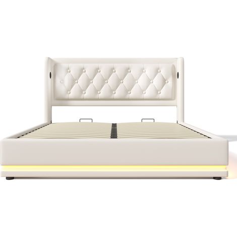 Cama individual tapizada de 160 x 200 cm, con canapé hidráulico de PU blanco, cabecero con iluminación LED y puerto de carga USB tipo C, apta para adolescentes y adultos (colchón no incluido). (1/5)
