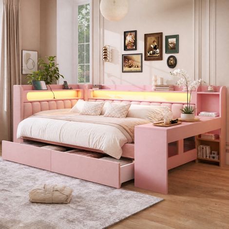 Lit double 140x200 cm MDF et contreplaqué rose avec bureau, gain de place, sans matelas – MEUBLIV (1/5)