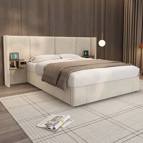 Lit coffre 160x200 cm avec sommier inclus, lit rembourré en velours avec 2 chevets, ports USB et prises, rangement hydraulique, sans matelas, beige (1/5)