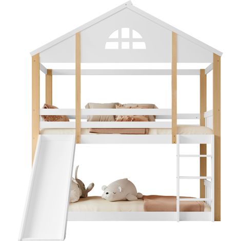 CAIziLit superposé avec fenêtres distinctives et échelle d'angle à trois marches, lit enfant avec toboggan, lit cabane avec barrières et protection antichute, cadre de lit en bois massif, blanc+nature (1/5)