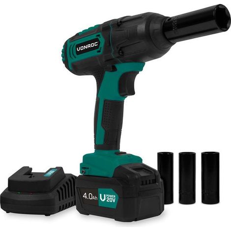 Vonroc – Clé à chocs sans fil 20V – Couple max 400Nm – 4 réglages – Vitesse 2300 tr/min – 4 douilles incluses – Batterie 4.0Ah et chargeur (1/5)