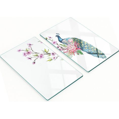 Tablas de cortar decorativas de vidrio templado con diseño de pavo real y flores, 2x30x52 cm. (1/5)