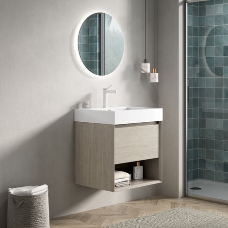 Mobile bagno 55x46x60cm grande spazio di deposito lavabo monoblocco in resina cassetto soft close rovere chiaro bianco (1/5)