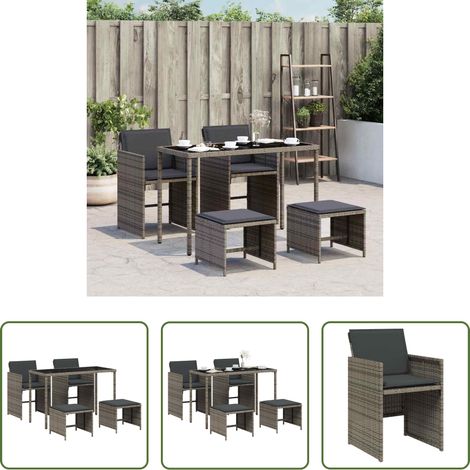 Gartentisch - 5-tlg. Garten-Essgruppe mit Kissen Grau Poly Rattan (1/5)