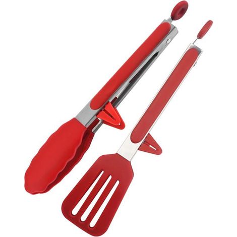 2 pinces de cuisine, 23 cm, acier inoxydable et silicone antidérapant, avec support intégré, pour grillades, salades et pâtisserie (1/5)