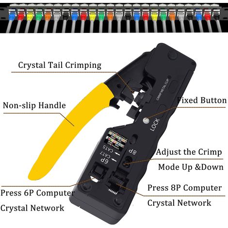Pince à sertir réseau RJ45 - Pour RJ11, Cat7, Cat6a, Cat6, Cat5 - Kit de testeur de câbles - Kit de pince à sertir RJ45 - Jaune (1/5)