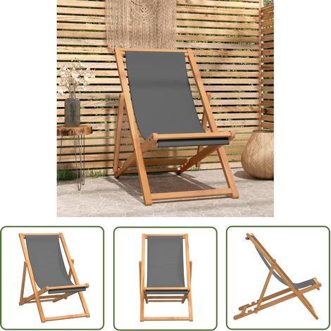 The Living Store Chaise de plage pliable Bois de teck solide Gris - Chaise De Plage - Chaise Pliante - Mobilier De Jardin - Chaise En Teck - Chaise Extérieure (1/5)