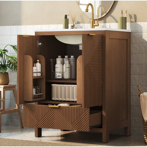 Mueble bajo lavabo 61 cm MDF nogal con lavabo cerámico y almacenaje sin grifo - CHICFURN (1/5)