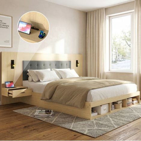 letto contenitore 160x200 USB e LED rovere chiaro HAVRYA (1/5)