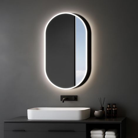 Armoire de Toilette Lumineuse Oval 45x80 cm Noir - Meuble de Salle de Bain avec Miroir et 2 étagères - Aluminium - Fond Miroir (1/5)