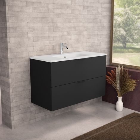 Inda - Badezimmerschrank B.100 mit mattiertem Waschbecken / Mattschwarz 2 Schubladen - Topazio (1/5)