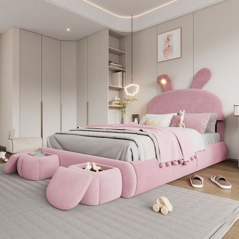 Lit enfant 140x200cm avec éclairage LED réglable oreilles de lapin  Lit  coffre avec 2 tabourets Lit double rangement  Velours Rose