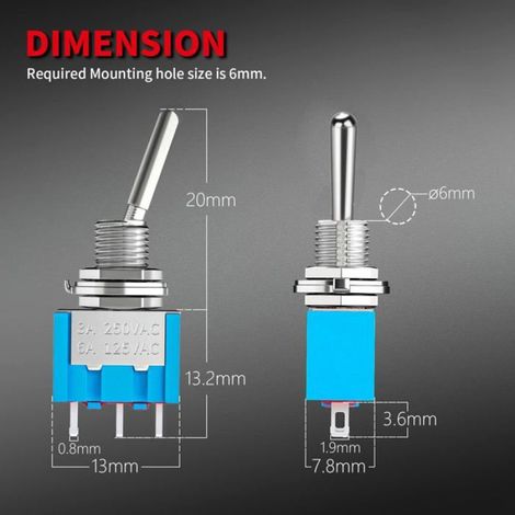 Interrupteur A Bascule SPDT - 3 Positions ON-OFF-ON - 6 A 125 V AC - Montage Panneau 5,6 mm - 33 x 13 x 8 mm - 12 Pièces (1/5)