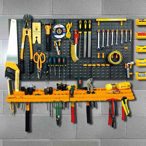 Panneau porte-outils mural 500 x 1000 mm en PP noir et jaune, 50 crochets - PANGIVO (1/5)