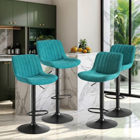 Tabouret de bar pivotant, chaise de bar réglable en hauteur lot de 4 pour îlot de cuisine et salle à manger, en velours doux, Bleu (1/5)