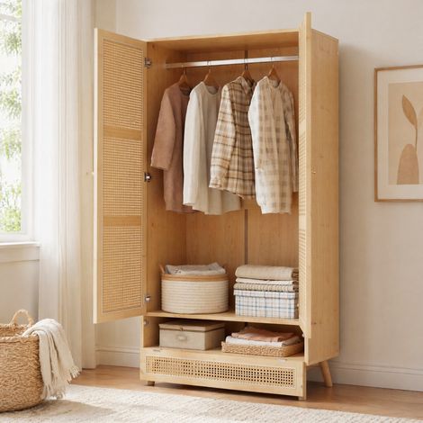 Armadio 2 ante con appendiabiti, vano ribaltabile, 90 x 45 x 183 cm, rattan naturale DESVIAE (1/5)