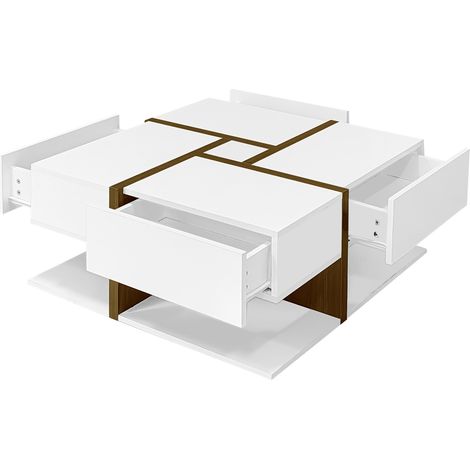 ELVMI Quadratischer Couchtisch mit 4 Schubladen und Unterablage, Hochglanz, für Wohnzimmer, aus Spanplatte, Weiß 78 × 78 × 34.8 cm (1/4)