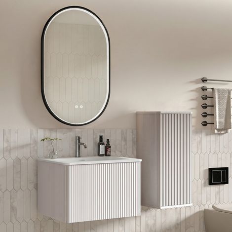 60 cm Badezimmermöbel Set mit Waschbecken, Seitenschrank und LED Spiegel, Weiß (1/2)
