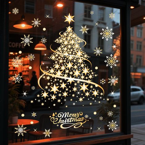Lot de 2 autocollants sapin de Noël – Grands stickers dorés pour murs, portes et vitrines (1/3)