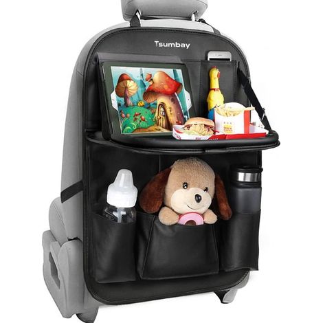 Organisateur de voiture Tsumbay, protection de dossier de siège auto, tapis de protection imperméables avec tablette intégrée, multiples poches de rangement, 1 pièce / Noir (1/4)