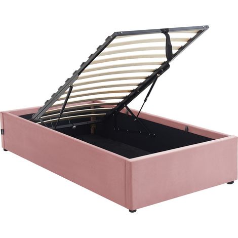 Lit coffre adulte 90x190 cm en velours rose avec sommier - Handy (1/5)