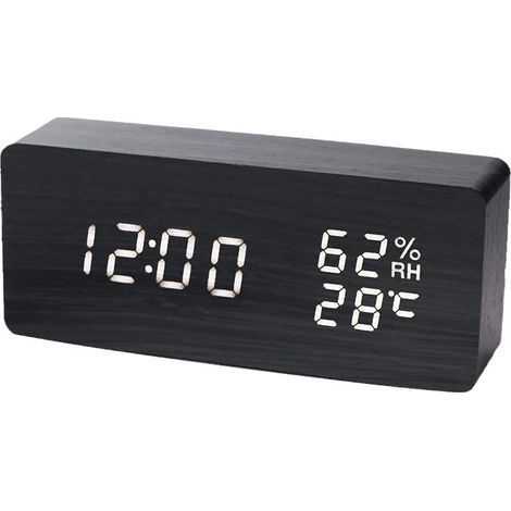 LED Réveil Électronique en Bois Réveil Numérique Bois Horloge cubique.de la Température et de l'Humidité.12/24 Heure .Port de Recharge USB. par Batterie (Rectangle Noir) (1/5)