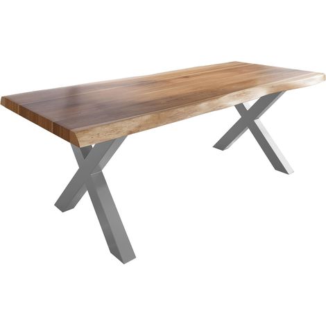 Esstisch Baumkante massiv Akazie natur 240 x 120 X-Gestell Metall silber TITAN (1/4)