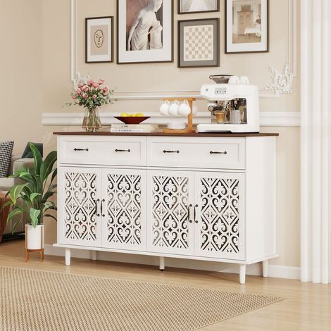 Buffet, en bois massif et bois, 4 portes, 2 tiroirs, avec étagères, pour salon et salle à manger, plateau bois massif, format pratique