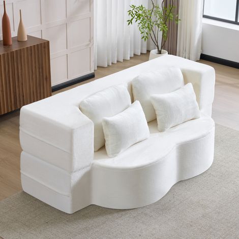 Canapé sol blanc – 4 coussins – Flanelle – Mousse haute densité – Sans assemblage – Salon/Chambre d'amis (1/5)