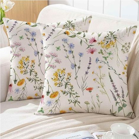 Cushion Cover 40 x 40 cm Floral Pattern for Sofa Cushion Cover Yellow and Pink Flowers Green Leaves (1/4)