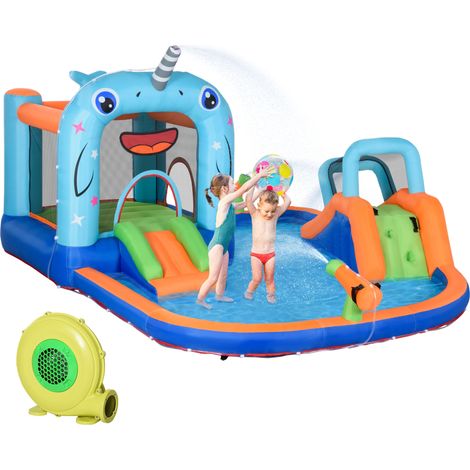 Castello gonfiabile adibito a parco giochi con scivolo, trampolino e piscine con sistema di gonfiaggio, 420 x 370 x 230 cm, multicolore.