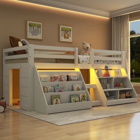 Lit mi-hauteur - Lit enfant 90x200 cm avec rangement - étagères - LED - barrières et échelle - en pin et MDF - blanc (1/5)