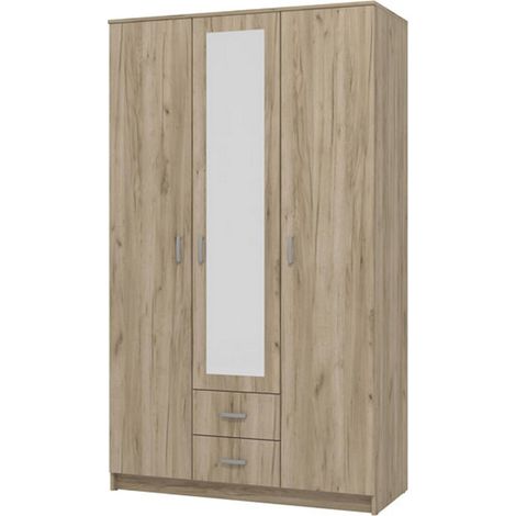 Armario 3 Puertas Crati, Guardarropa Dormitorio con Barra, 2 Cajones, 4 Estantes, 120x52 cm Roble Marrón
