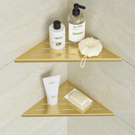 Lot de 2 Étagère d'angle, Acier inoxydable 304, Finition dorée, Sans perçage, Pour salle de bain (1/5)