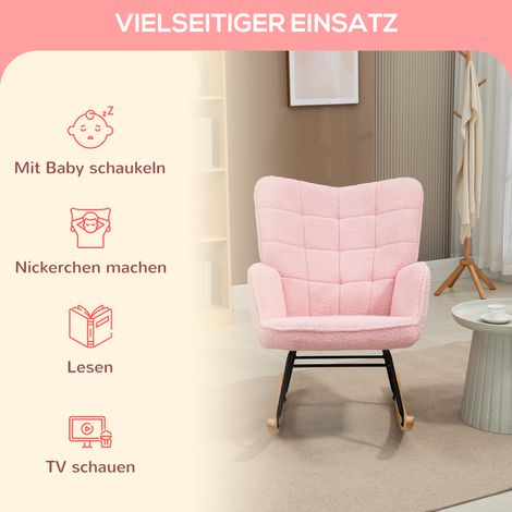 Fauteuil à bascule relaxant pour salon et chambre, style scandinave, imitation peau de mouton rose, charge max 120 kg, design moderne et confortable. (1/5)