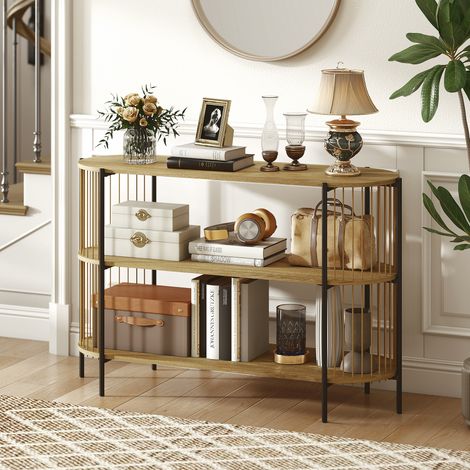 Table console 124x43,5x80 cm naturel avec cadre en acier en corde de papier tressée à la main, style bohème (1/4)