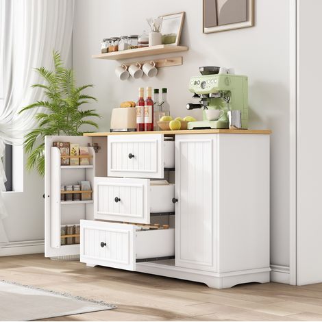 Aparador 126x40x86 cm blanco en MDF con 3 cajones, puertas laterales y estantes ajustables (1/5)