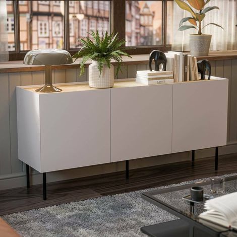 Aparador Verrone, Aparador de salón con tres puertas batientes y compartimentos interiores, elevado del suelo, 150x40 h70 cm, beige y roble (1/5)