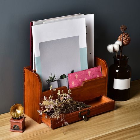 Desktop Storage Organizer with Drawer Office Multi-tier Storage Box Desktop Wooden Mail Rack Multifunctional Wooden Desktop Accessories Drawer Organization for Documents Stationeries Bills (1/4)