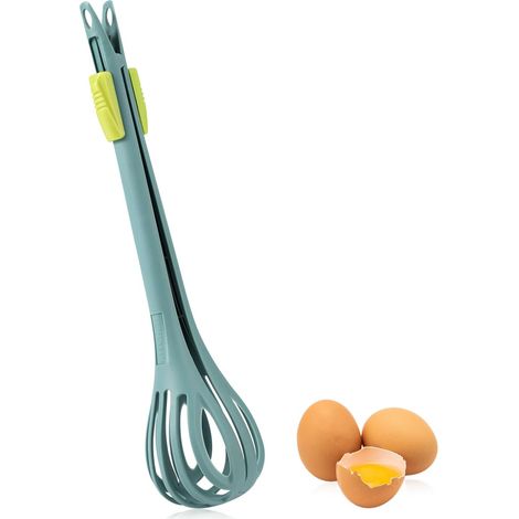 Fouet à Œufs 2 en 1 et Pince Aliments Dentelée, Batteurs à Œufs Pinces Alimentaires Gadget Cuisine Polyvalent pour Pâtisserie Mélange du Lait Salade Crème et Préhension du pain/des Pâtes (Vert) (1/5)