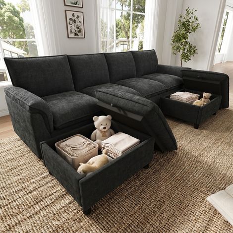 Canapé d'angle modulable en forme de U avec 2 repose-pieds amovibles, Canapé 4 places, confortable et profond, dossier haut, noir