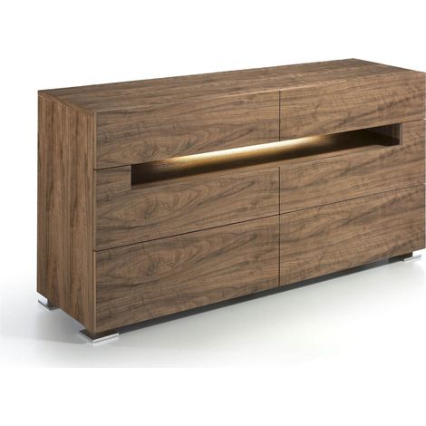 Commode bois 6 tiroirs pieds acier inoxydable poli ouverture avec éclairage à led - Noyer (1/5)