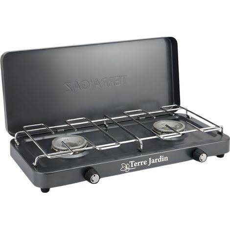 Terragaz Réchaud camping 2 feux gaz 2 × 1,6 kW anthracite couvercle pliable